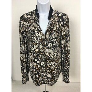 Anne Klein Womens Blouse Size S Brown White Floral Long Sleeve Ruffle Collar